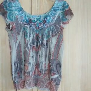 Unity short sl top offwhite/turq/brown embellished